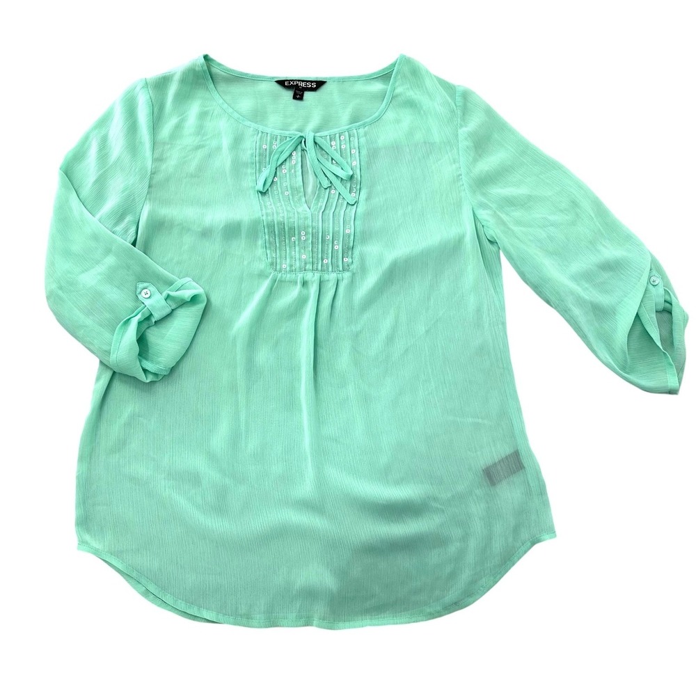 EXPRESS Mint Green Sheer Tunic Blouse Sequin Tie Front 3/4 Sleeves Women's Small